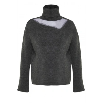 Kadın Moda Şık Regular Balıkçı Yaka Uzun Kol Düz Yumuşak Dokulu Tül Detaylı Triko Kazak