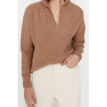 Kadın Moda Şık Regular Dik Yaka Uzun Kol Düz Couple Yumuşak Dokulu Fermuarlı Triko Kazak