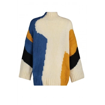 Kadın Moda Şık Regular Dik Yaka Uzun Kol Renk Bloklu Yumuşak Dokulu Geniş Kalıp Triko Kazak