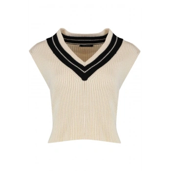 Kadın Moda Şık Crop V Yaka Kolsuz Renk Bloklu Crop Triko Süveter