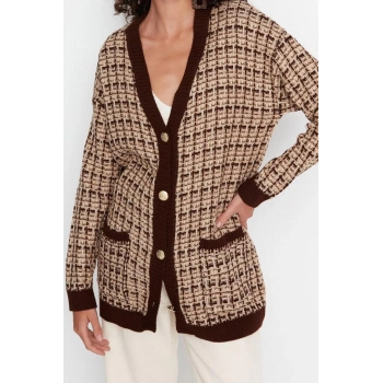 Kadın Moda Şık Midi V Yaka Uzun Kol Dokulu Geniş Kalıp Tüvit Görünümlü Simli Triko Hırka