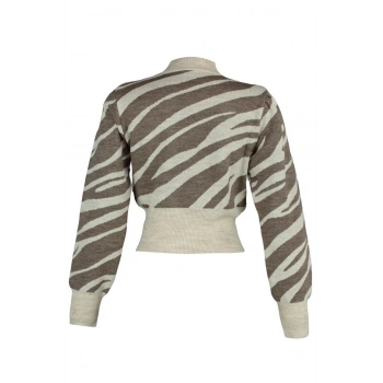 Kadın Moda Şık Crop Dik Yaka Uzun Kol Zebra Zebra Desenli Crop Triko Kazak