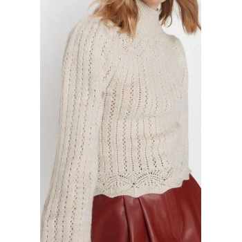 Kadın Moda Şık Regular Dik Yaka Uzun Kol Ajurlu Delikli Dik Yaka Triko Kazak