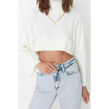 Kadın Moda Şık Crop Dik Yaka Uzun Kol Düz Süper Crop Basic Triko Kazak