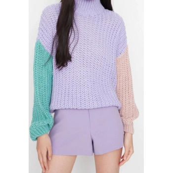 Kadın Moda Şık Regular Dik Yaka Uzun Kol Renk Bloklu Geniş Kalıp Yumuşak Dokulu Triko Kazak