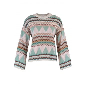 Kadın Moda Şık Regular Bisiklet Yaka Uzun Kol Etnik Geniş Kalıp Triko Kazak