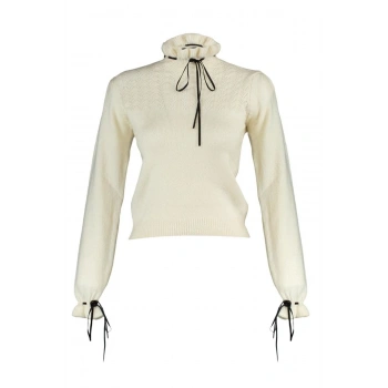 Kadın Regular Dik Yaka Uzun Kol Ajurlu Yumuşak Dokulu Delikli Kurdele Fiyonk Detaylı Triko Kazak