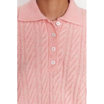 Kadın Moda Şık Regular Polo Yaka Uzun Kol Saç Örgü Geniş Kalıp Yumuşak Dokulu Triko Kazak