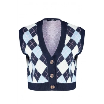 Kadın Moda Şık Crop V Yaka Kolsuz Baklava Crop Triko Yelek