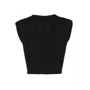 Kadın Moda Şık Crop V Yaka Kolsuz Saç Örgü Crop Triko Süveter