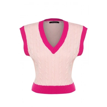 Kadın Moda Şık Crop V Yaka Kolsuz Renk Bloklu Crop Triko Süveter