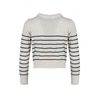 Kadın Moda Şık Regular Polo Yaka Uzun Kol Çizgili Polo Yaka Triko Hırka