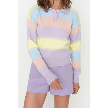 Kadın Moda Şık Regular Polo Yaka Uzun Kol Renk Bloklu Triko Kazak