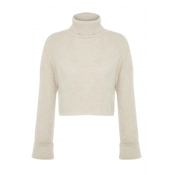 Kadın Moda Şık Crop Balıkçı Yaka Uzun Kol Düz Crop Basic Triko Kazak