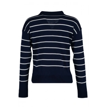 Kadın Moda Şık Regular Polo Yaka Uzun Kol Çizgili Polo Yaka Triko Kazak