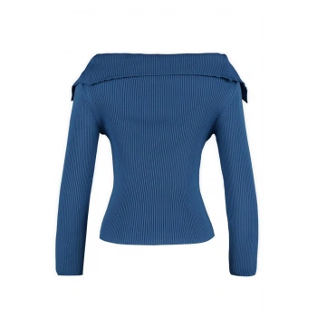 Kadın Moda Şık Regular Devrik Yaka Uzun Kol Düz Carmen Yaka Triko Kazak