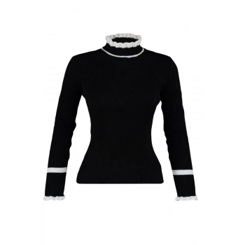 Kadın Moda Şık Regular Dik Yaka Uzun Kol Renk Bloklu Triko Kazak