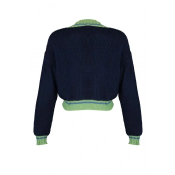 Kadın Moda Şık Crop V Yaka Uzun Kol Renk Bloklu Crop Kolej Temalı Triko Kazak