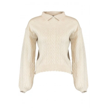 Kadın Moda Şık Regular Polo Yaka Uzun Kol Saç Örgü Geniş Kalıp Yumuşak Dokulu lü Triko Kazak