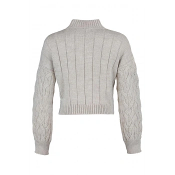 Kadın Moda Şık Crop Dik Yaka Uzun Kol Saç Örgü Crop Dik Yaka Triko Kazak