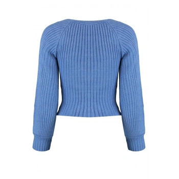 Kadın Moda Şık Crop Kalp Yaka Uzun Kol Düz Crop Kalp Yaka Triko Kazak