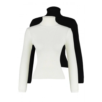 Kadın Moda Şık Regular Balıkçı Yaka Uzun Kol Düz İkili Paket Triko Kazak