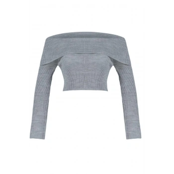 Kadın Moda Şık Crop Carmen Yaka Uzun Kol Düz Süper Crop Carmen Yaka Triko Kazak