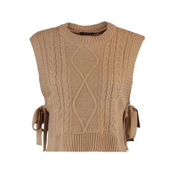 Kadın Crop Bisiklet Yaka Kolsuz Saç Örgü Crop Yandan Kurdele Fiyonk Bağlama Detaylı Triko Süveter