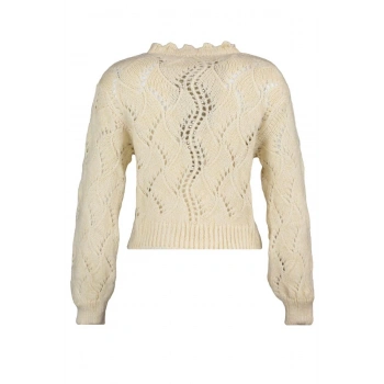 Kadın Moda Şık Crop Dik Yaka Uzun Kol Ajurlu Yumuşak Dokulu Delikli Triko Kazak