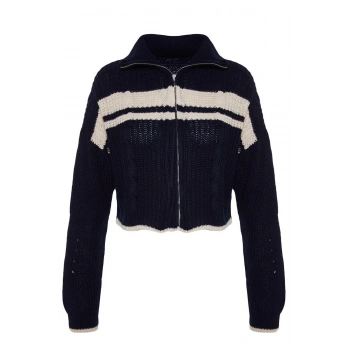 Kadın Moda Şık Regular Dik Yaka Uzun Kol Renk Bloklu Crop Dik Yaka Triko Hırka