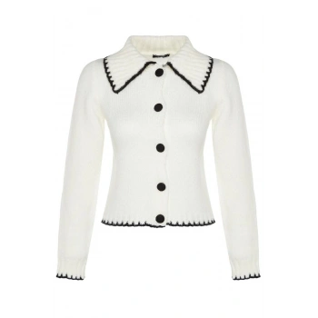 Kadın Moda Şık Regular Devrik Yaka Uzun Kol Renk Bloklu Yumuşak Dokulu Kontrast Renklı Triko Hırka