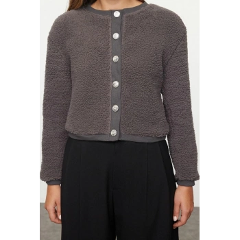 Kadın Moda Şık Crop Düğmeli Yaka Uzun Kol Düz Gold Düğmeli Peluş Crop Örme Hırka