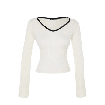 Kadın Moda Şık Regular Kalp Yaka Uzun Kol Renk Bloklu Triko Kazak