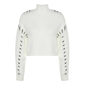 Kadın Moda Şık Crop Dik Yaka Uzun Kol Renk Bloklu Yumuşak Dokulu İplik Detaylı Crop Triko Kazak