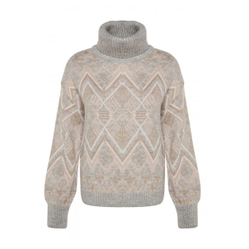 Kadın Moda Şık Regular Balıkçı Yaka Uzun Kol Etnik Desenli Yumuşak Dokulu Balıkçı Yaka Triko Kazak