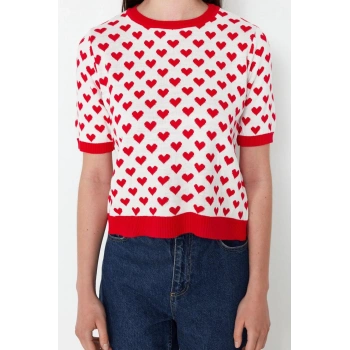 Kadın Moda Şık Regular Bisiklet Yaka Kısa Kol Kalp Triko Kazak
