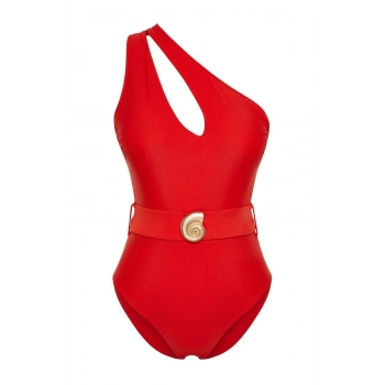 Kadın Destekli Askılı Brief Yaka Kırmızı Kemerli Tek Omuz Premium Aksesuarlı Regular Mayo