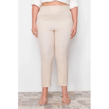 Kadın Yeni Moda Büyük Beden Boru Paça Regular Boy Dokuma Bej Beli Lastikli Kumaş Pantolon B