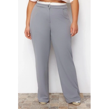 Kadın Yeni Moda Büyük Beden Geniş Paça Uzun Boy Örme Bel Detaylı Örme Pantolon