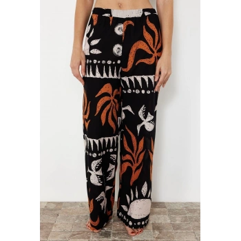 Kadın Yeni Moda Boru Paça Uzun Boy Dokuma Soyut Desenli %100 Pamuklu Pantolon