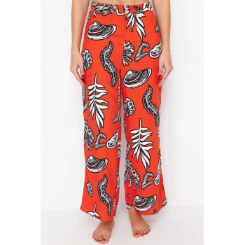 Kadın Yeni Moda İspanyol Paça Regular Boy Dokuma Çiçek Desenli Pantolon