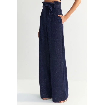 Kadın Yeni Moda Geniş Paça Uzun Boy Örme Kuşaklı Simli Örme Pantolon