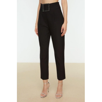 Kadın Yeni Moda Boru Paça Regular Boy Dokuma Kemerli Parlak Taşlı Pantolon