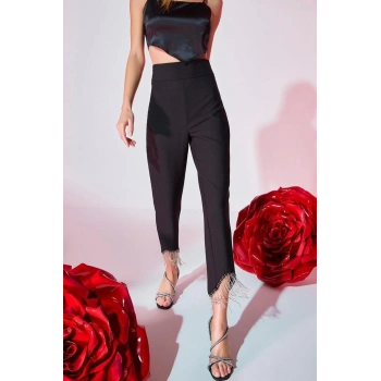 Kadın Yeni Moda Boru Paça Regular Boy Dokuma Parlak Taşlı Pantolon