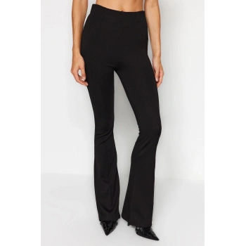 Kadın Moda İspanyol Paça Uzun Boy Örme Beli Lastikli Nervürlü Flare Yüksek Bel Örme Tayt Pantolon