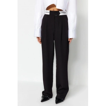 Kadın Yeni Moda Geniş Paça Uzun Boy Dokuma Wide Leg Geniş Paça Bel Detaylı Pantolon