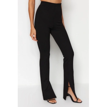 Kadın Moda İspanyol Paça Regular Boy Örme İçten Yırtmaçlı Yüksek Bel İnterlok Örme Tayt Pantolon