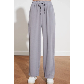 Kadın Yeni Moda Geniş Paça Uzun Boy Dokuma Beli Lastikli Wide Leg Geniş Paça Pantolon