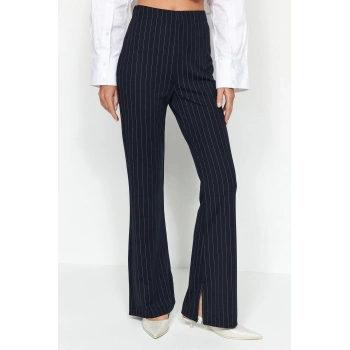 Kadın Moda İspanyol Paça Uzun Boy Örme Smart Yırtmaçlı Flare Yüksek Bel Çizgili Örme Tayt Pantolon