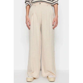 Kadın Yeni Moda Geniş Paça Uzun Boy Dokuma Keten Görünümlü Wide Leg Geniş Paça Pantolon